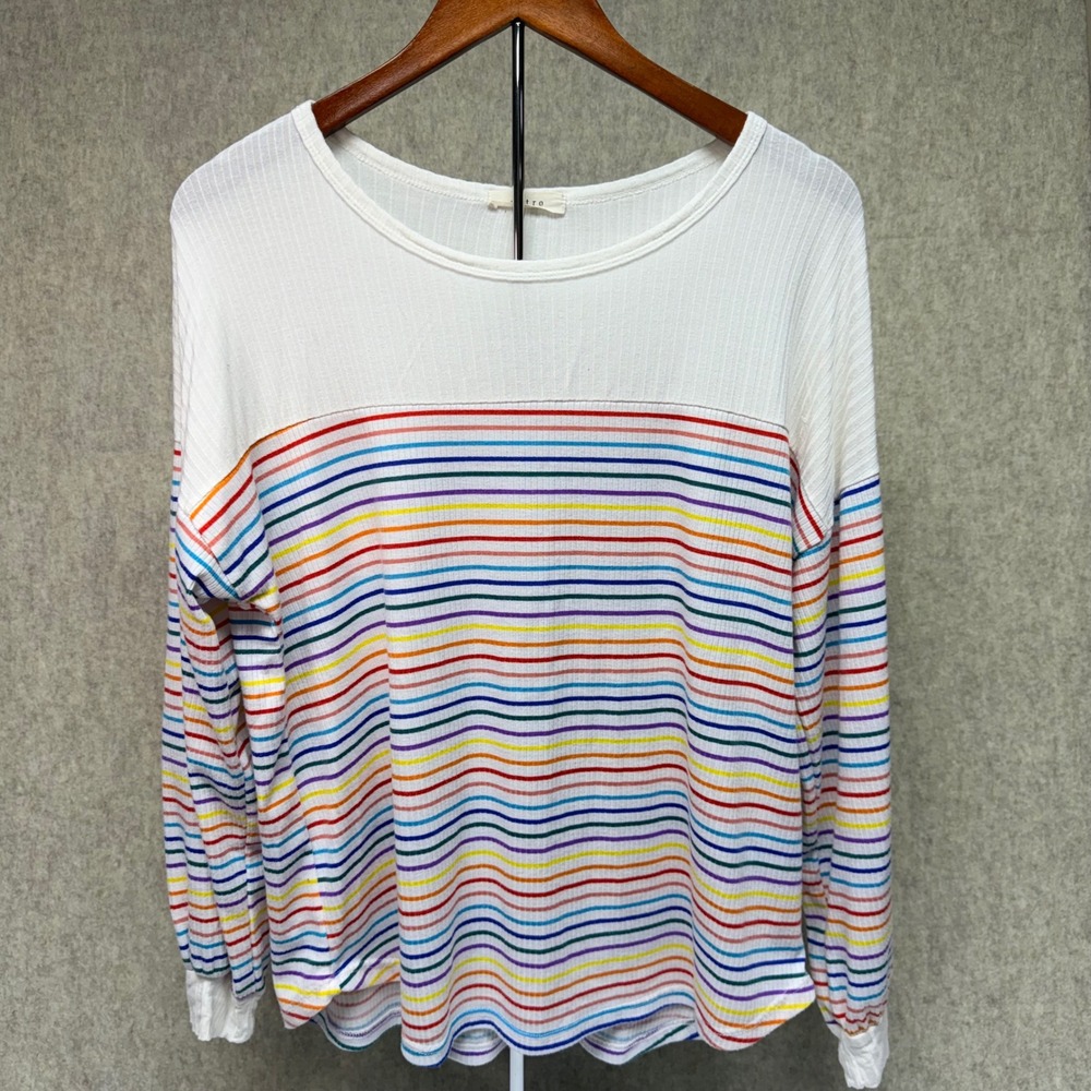 Entro Small White Rainbow Stripe Ribbed Long Sleeve Crew Neck Colorblock Slouchy